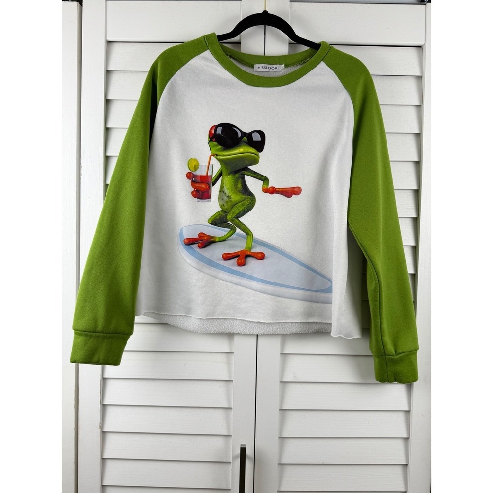 Misslook Sweatshirt Women 2XL Green Surfing Frog Raglan Graphic Cropped